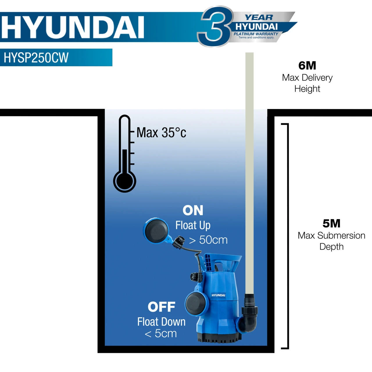 Hyundai 250W Electric Clean Water Submersible Water Pump / Sub Pump | HYSP250CW 12 Hyundai 250W Electric Clean Water Submersible Water Pump / Sub Pump | HYSP250CW - Image 10