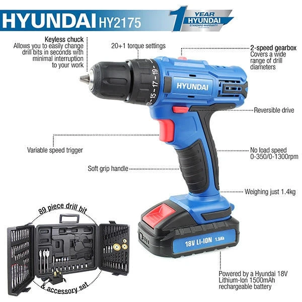 Hyundai HY2175 18v Li-Ion Cordless Drill Driver Includes 89 Drill Bit Accessories & Carry Case 9 Hyundai HY2175 18v Li-Ion Cordless Drill Driver Includes 89 Drill Bit Accessories & Carry Case - Image 7