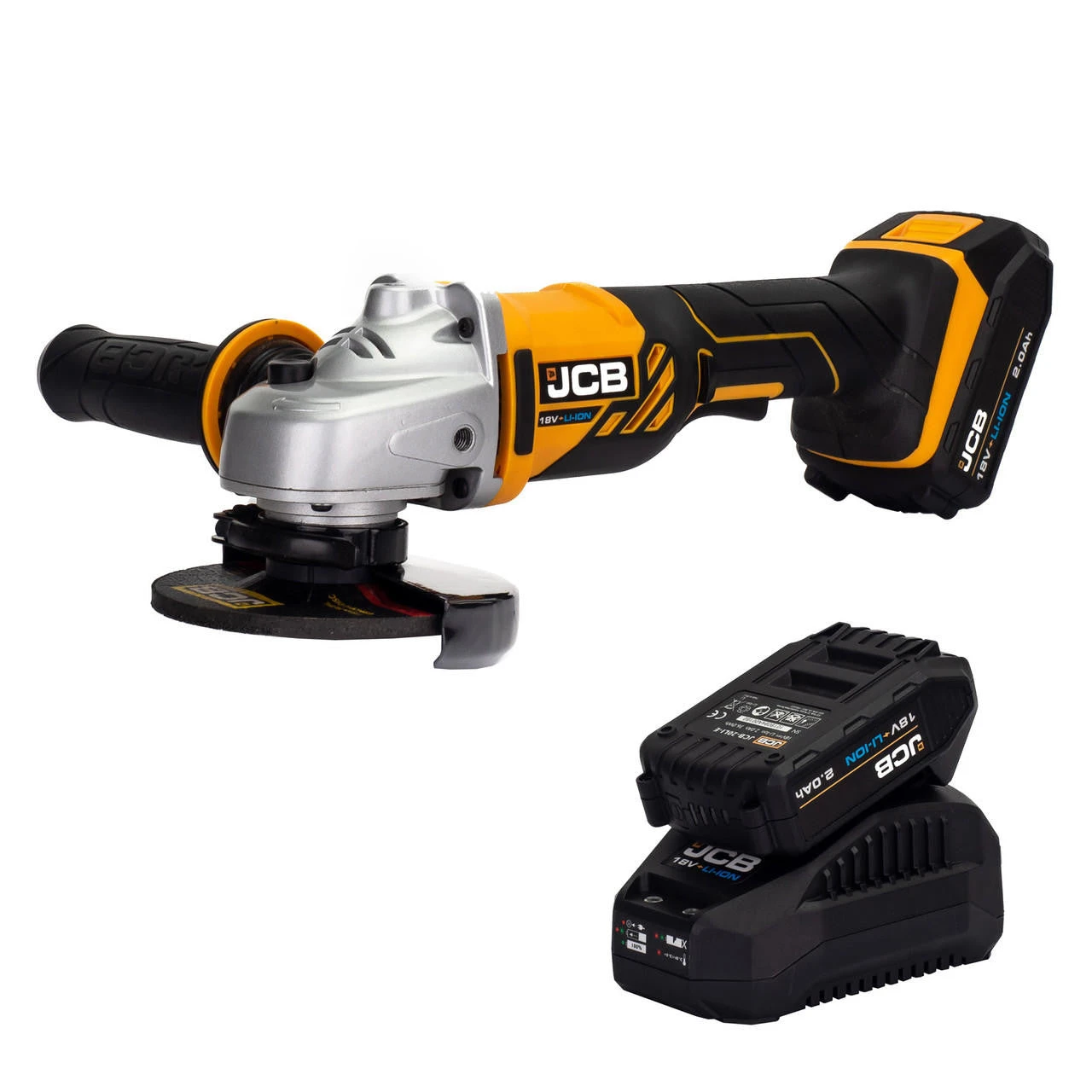 JCB 18V Battery Angle Grinder With 2x 2.0Ah Lithium-ion Battery And 2.4A Charger | JCB-18AG-2-V2 3 JCB 18V Battery Angle Grinder With 2x 2.0Ah Lithium-ion Battery And 2.4A Charger | JCB-18AG-2-V2