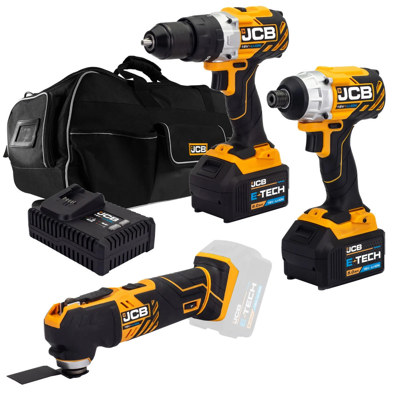 JCB 18V B/L Combi Drill B/L Impact Driver Multi Tool Kit 2x 5.0ah Lithium-Ion Batteries And Super Fast Charger In 26" Wheeled Kit Bag | 21-18TPKMT-5 3 JCB 18V B/L Combi Drill B/L Impact Driver Multi Tool Kit 2x 5.0ah Lithium-Ion Batteries And Super Fast Charger In 26" Wheeled Kit Bag | 21-18TPKMT-5