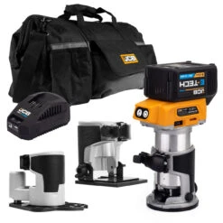 JCB 18V B/L Router With 3x Bases (trimmer, Offset, Incline) 5.0ah Lithium-Ion Battery And Charger In 20" Kit Bag | 21-18RTKIT-5X-B